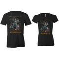 The front of the men's and women's Army of Dark Chocolate tee shirt. It is colored black and has the art of the Army of Dark Chocolate coffee on it. There is a skeleton standing on top of the dark chocolate wielding a chainsaw and drinking coffee while a woman clings to its leg.
