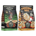 Two twelve ounce bags of coffee. The one of the left is named Highland Grog, and the one on the right is named Cinnamon Roll.