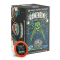 The front of the Bones Coffee Company Frankenbones 12 Count Bones Cups box. Its flavor is chocolate hazelnut, and it has a green skeleton with blue and green electricity scattered around on its art.