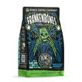 The front of a 12 ounce bag of Bones Coffee Company Frankenbones coffee. Its flavor is chocolate hazelnut, and it has a green skeleton with blue and green electricity scattered around on the art.