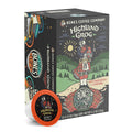 The front of the Bones Coffee Company Highland Grog 12 Count Bones Cups box. Its flavor is butterscotch and caramel, and it has a skeleton wearing a kilt playing bagpipes on a hill on the art.