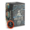 The front of the Bones Coffee Company High Voltage 12 Count Bones Cups box. It has a skeleton dressed up in a lab coat inside a laboratory on the art.