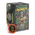 The front of the Bones Coffee Company Jamaican Me Crazy 12 Count Bones Cups box. Its flavor is vanilla, caramel, and coffee liqueur, and it has a skeleton with a hat and dreadlocks dancing around with a bongo nearby on the art.