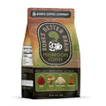 The front of a 10 ounce bag of Bones Coffee Company Bones Better Brain Mushroom coffee. It has mushrooms on the front named chaga, reishi, lion’s mane, and cordyceps. It says dark roast, mental clarity, immune support, and gut health on the front with a nutritional facts panel on the side.