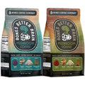 The front of two twelve ounce bags. On the left is the medium roast of Bones Better Brain mushroom coffee, and on the right is the dark roast of Bones Better Brain mushroom coffee.
