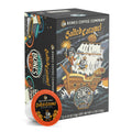 The front of the Bones Coffee Company Salted Caramel 12 Count Bones Cups box. Its flavor is salted caramel, and it has a skeleton dressed as a pirate on a pirate ship full of salted caramel on the art.