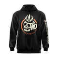 The front of the Skull Cup hoodie. The hoodie is colored black and it has the bones coffee company logo on the sleeve, and then there's a white skull shaped like a cup with an orange circle around it in the center.