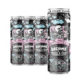 Four Cookies N’ Dreams latte cans. The art on the can shows a skeleton in a bed holding a tub of ice cream in one hand and a cookie in the other hand on its art. Its flavor is cookies and cream.