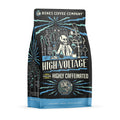 The front of a 12 ounce coffee bag named High Voltage. It has a skeleton wearing a lab coat inside a laboratory with blue electricity scattered about on the art.