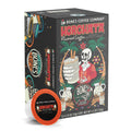 A box of Bones Coffee Horchata Bones Cups flavored coffee. On the art of the bag is a skeleton holding out a glass of horchata between palm trees and lights.