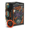 The front of the Bones Coffee Company Jacked O' Lantern 12 Count Bones Cups box. Its flavor is pumpkin spice. It has a skeleton with a pumpkin on its head riding a horse while holding a mug of coffee.